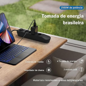 Tomada USB extensão elétrica de 110-220V, 10A, 2M, 2500W